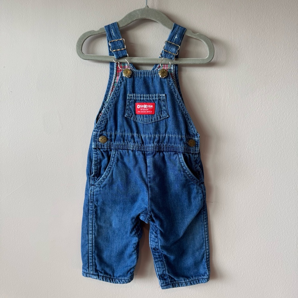 Vintage Osh Kosh‎ B’Gosh Baby Red Green Plaid Flannel Denim Overalls 6-9 months